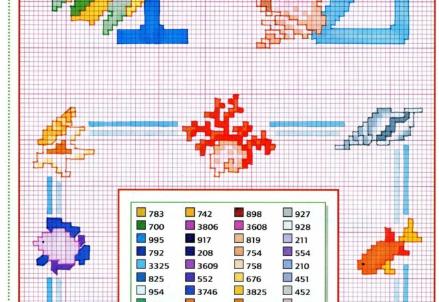 Alfabeto punto croce maiuscolo con pesci e conchiglie (5)