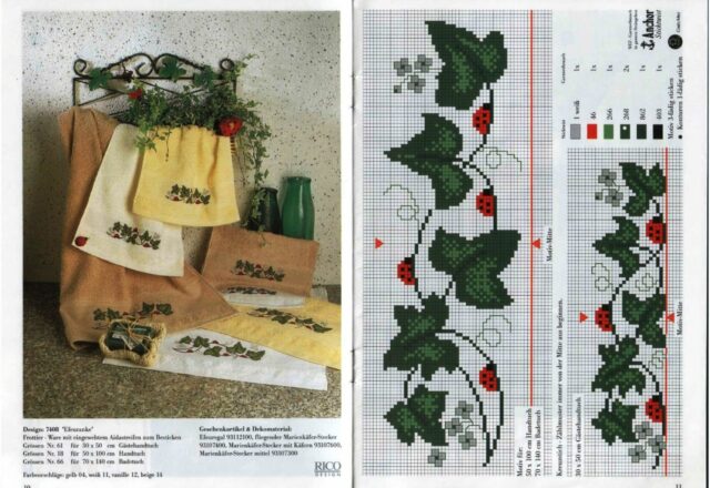 Asciugamani punto croce con coccinelle sulle foglie