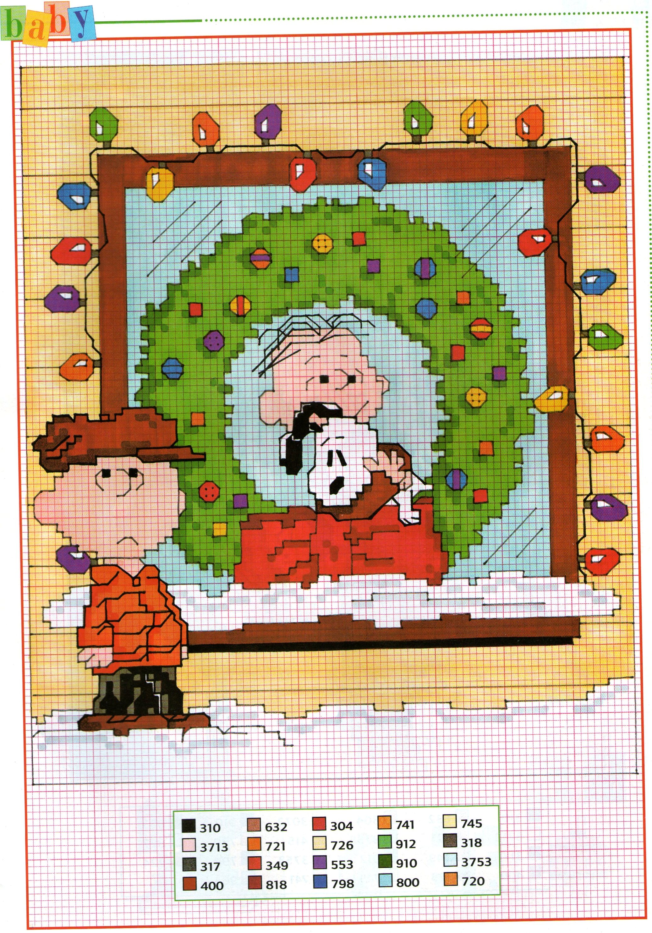 Charlie Brown Linus e Snoopy con ghirlanda Natale schema da ricamare