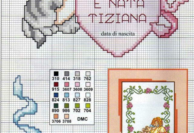 E’ nata Tiziana schema punto croce nascita con gatto