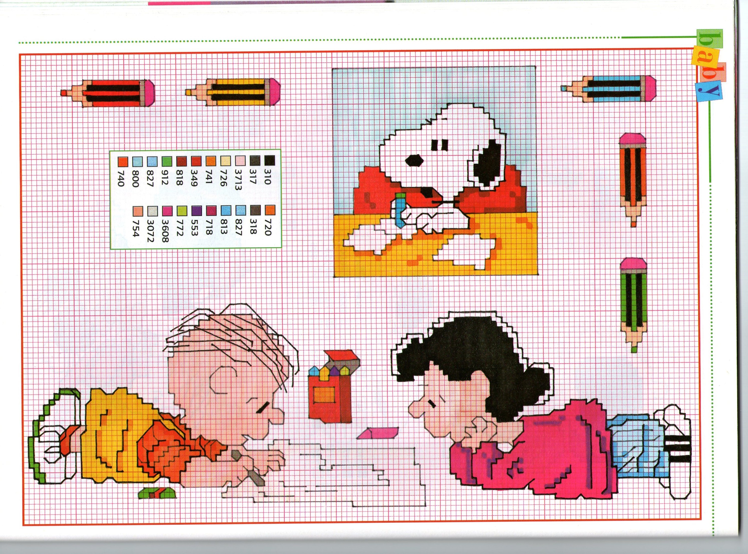 I personaggi Snoopy Charlie Brown che colorano con le matite colorate da ricamare