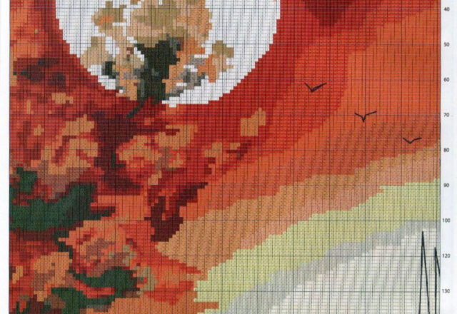 Imbarcazione sotto un tramonto rosso schema punto croce (1)