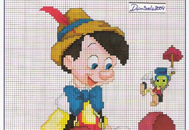 Pinocchio seduto schema a punto croce