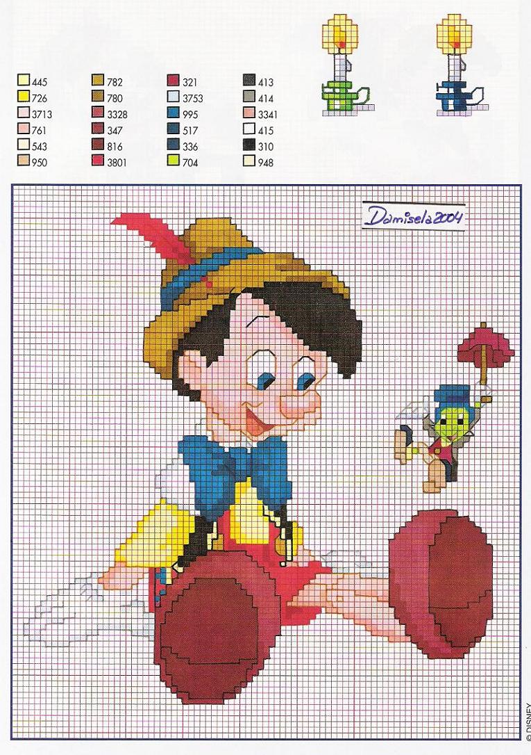 Pinocchio seduto schema a punto croce