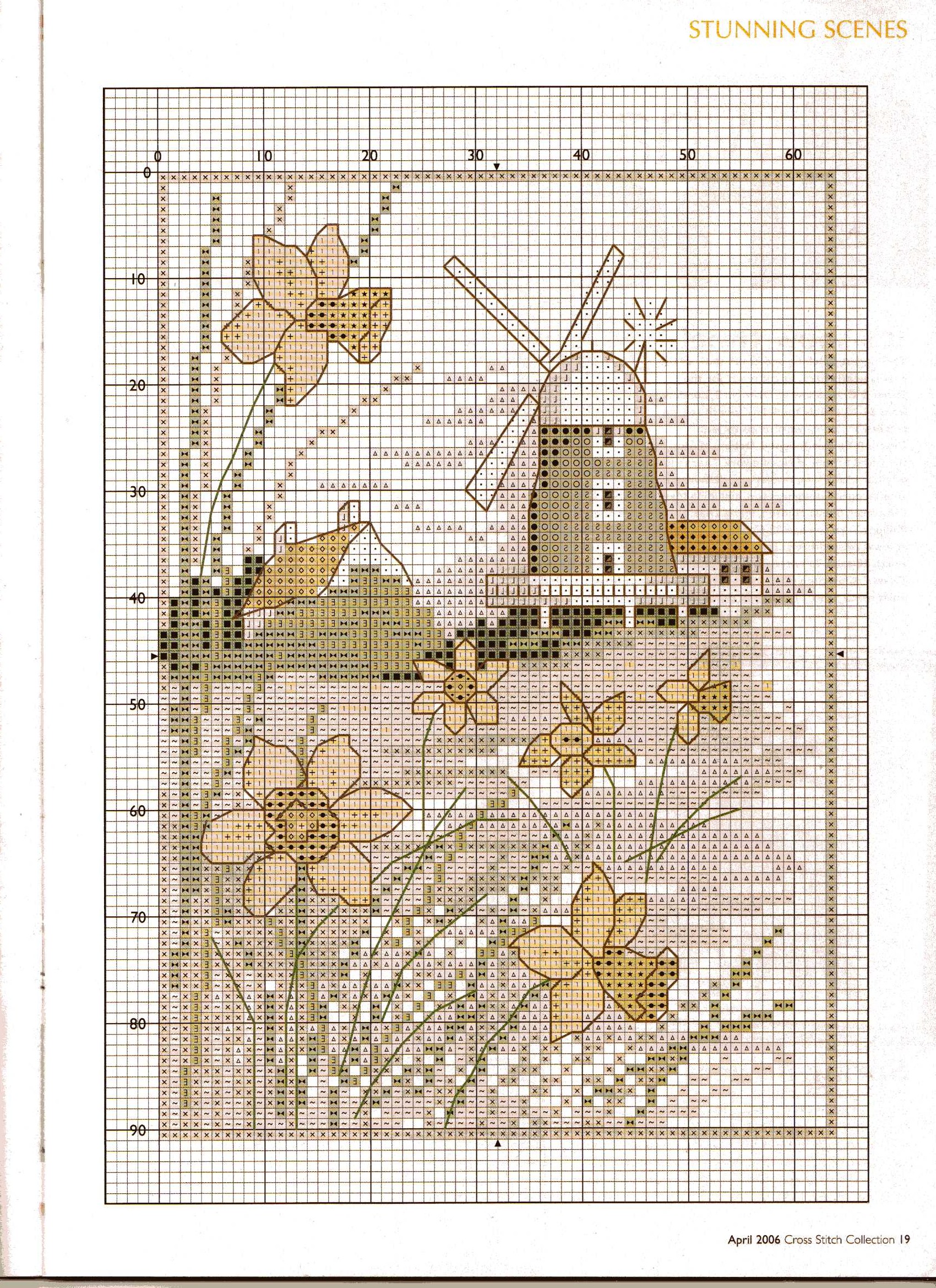 Quadretto punto croce con mulino a vento su un prato di fiori narcisi (3)