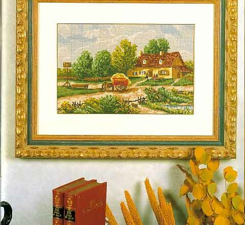 Quadro punto croce con casa di campagna e fieno (1)