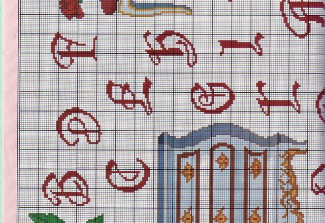 Sampler quadro con lettere rosse e oggetti casa (3)