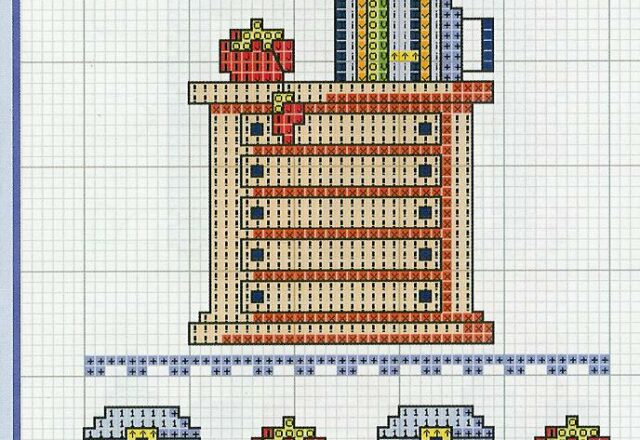 Schema punto croce mobile con libri e oggetti