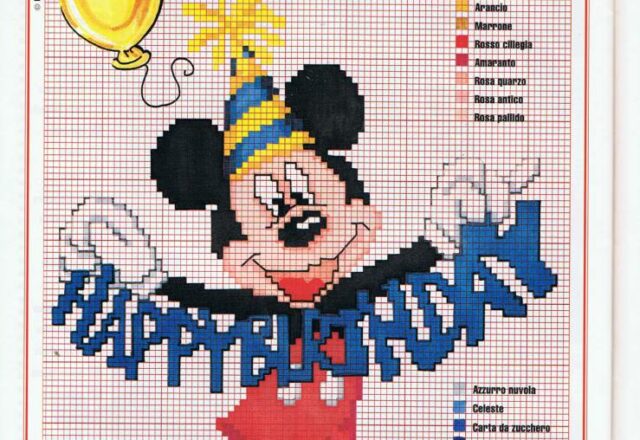 Topolino con testo Buon Compleanno punto croce