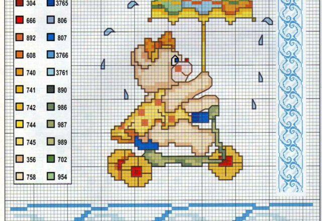 Un’ orsacchiotta con l’ ombrello schema da ricamare animali per bambini