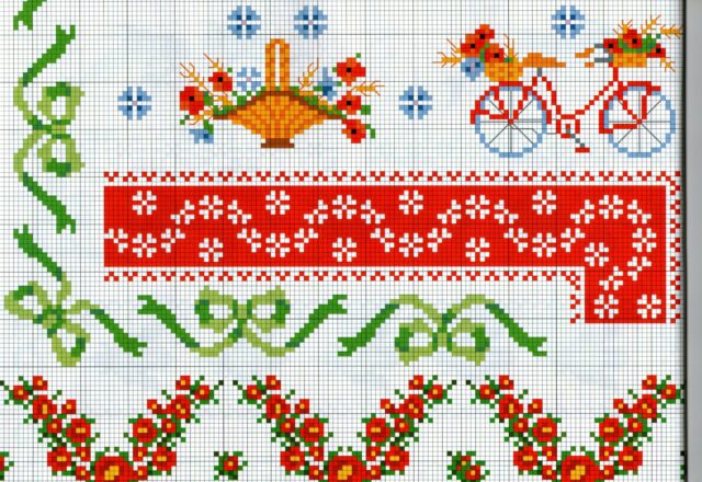 bordure da ricamare con fiori papaveri e biciclette