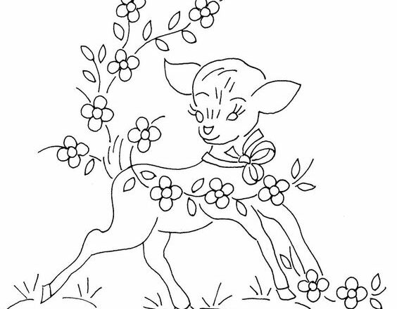 disegno da ricamare bambi con fiorellini