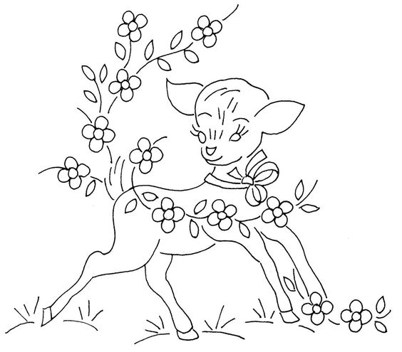 disegno da ricamare bambi con fiorellini