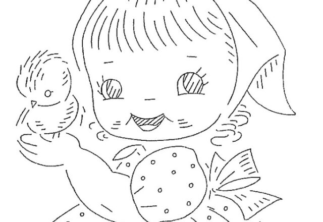 disegno da ricamare bambina con passerotto