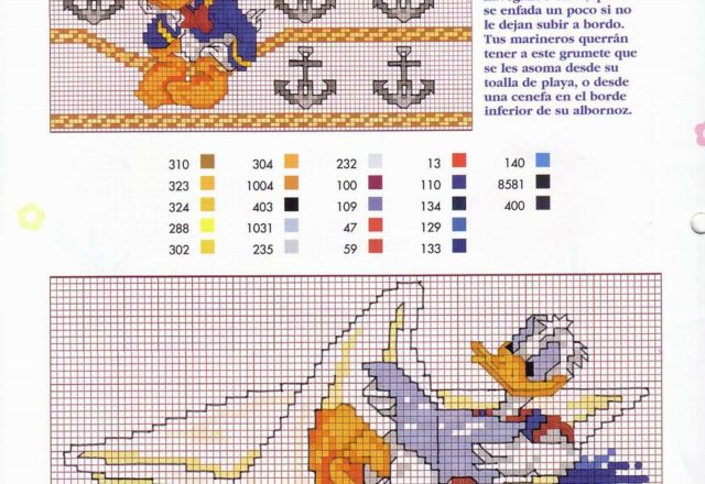 schema punto croce Paperino che legge un giornale sulla barchetta